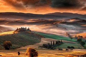 nature, Landscape, Mist, Sunrise, Mountain, Valley, Tuscany, Italy