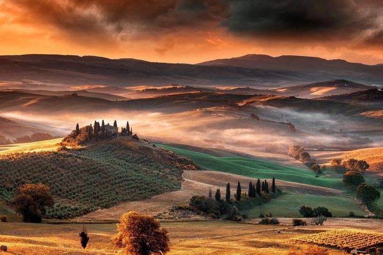 nature, Landscape, Mist, Sunrise, Mountain, Valley, Tuscany, Italy HD Wallpaper Desktop Background