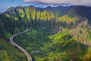 nature, Landscape, Mountain, Highway, Forest, Oahu, Hawaii, Aerial View