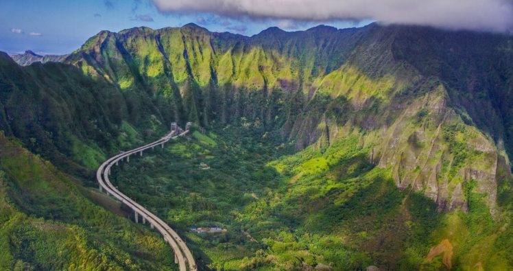 nature, Landscape, Mountain, Highway, Forest, Oahu, Hawaii, Aerial View HD Wallpaper Desktop Background