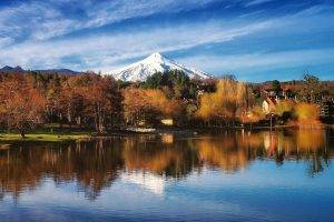 nature, Landscape, Volcano, Lake, Trees, City, Snowy Peak, Morning, Sunlight, Chile