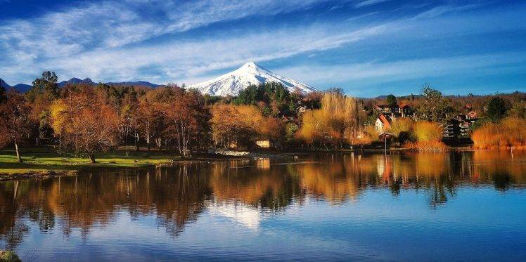 nature, Landscape, Volcano, Lake, Trees, City, Snowy Peak, Morning, Sunlight, Chile HD Wallpaper Desktop Background