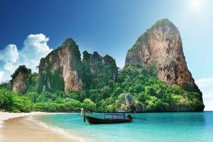 nature, Landscape, Mountain, Clouds, Thailand, Trees, Forest, Sea, Sand, Beach, Boat, Palm Trees, House, Rock