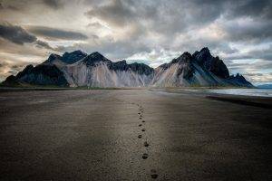 nature, Landscape, Mountain, Clouds, Iceland, Footprints, Beach, Sand, Sea, Coast, Snowy Peak