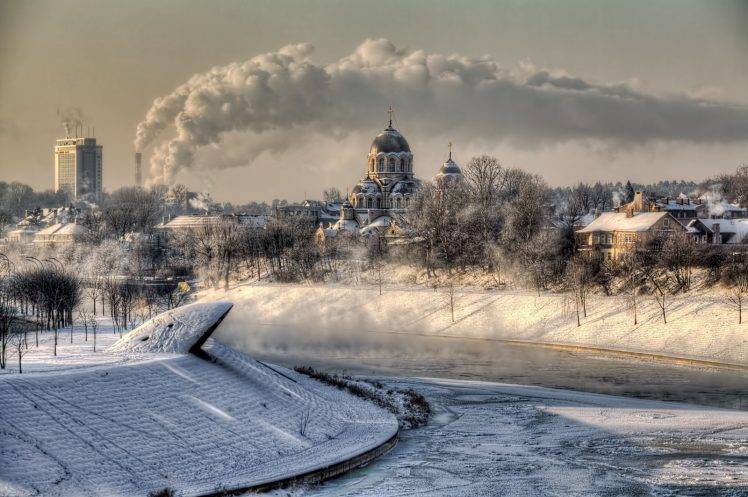 architecture, City, Cityscape, Trees, Building, Lithuania, Landscape, Winter, Snow, Cathedral, Smoke, Chimneys, Frost, Frozen River HD Wallpaper Desktop Background