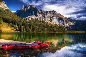 landscape, Nature, Lake, Mountain, Forest, Canoes, Water, Reflection, Sunlight, Yoho National Park, Canada