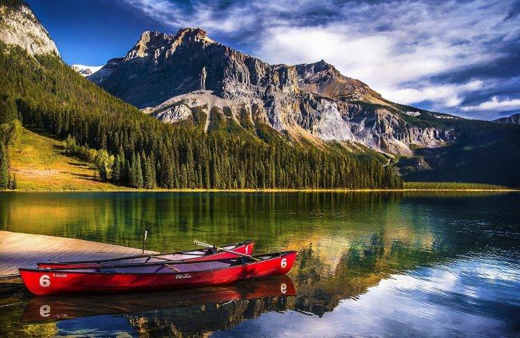 landscape, Nature, Lake, Mountain, Forest, Canoes, Water, Reflection, Sunlight, Yoho National Park, Canada HD Wallpaper Desktop Background