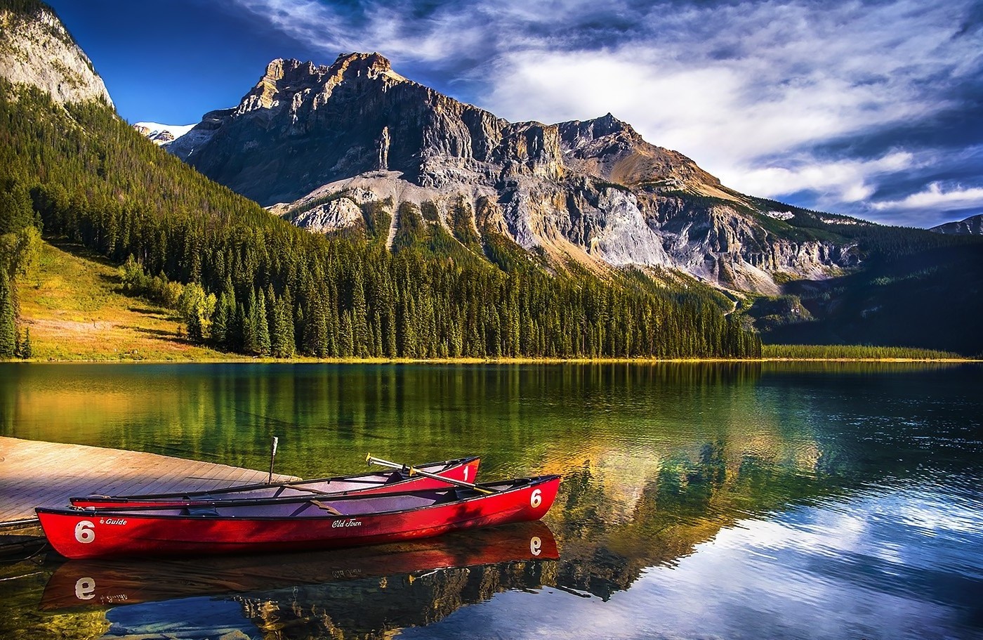 landscape, Nature, Lake, Mountain, Forest, Canoes, Water, Reflection, Sunlight, Yoho National Park, Canada Wallpaper