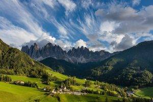 nature, Landscape, Mountain, Summer, Morning, Village, Church, Forest, Grass, Dolomites (mountains), Clouds, Sunlight, Alps, Italy
