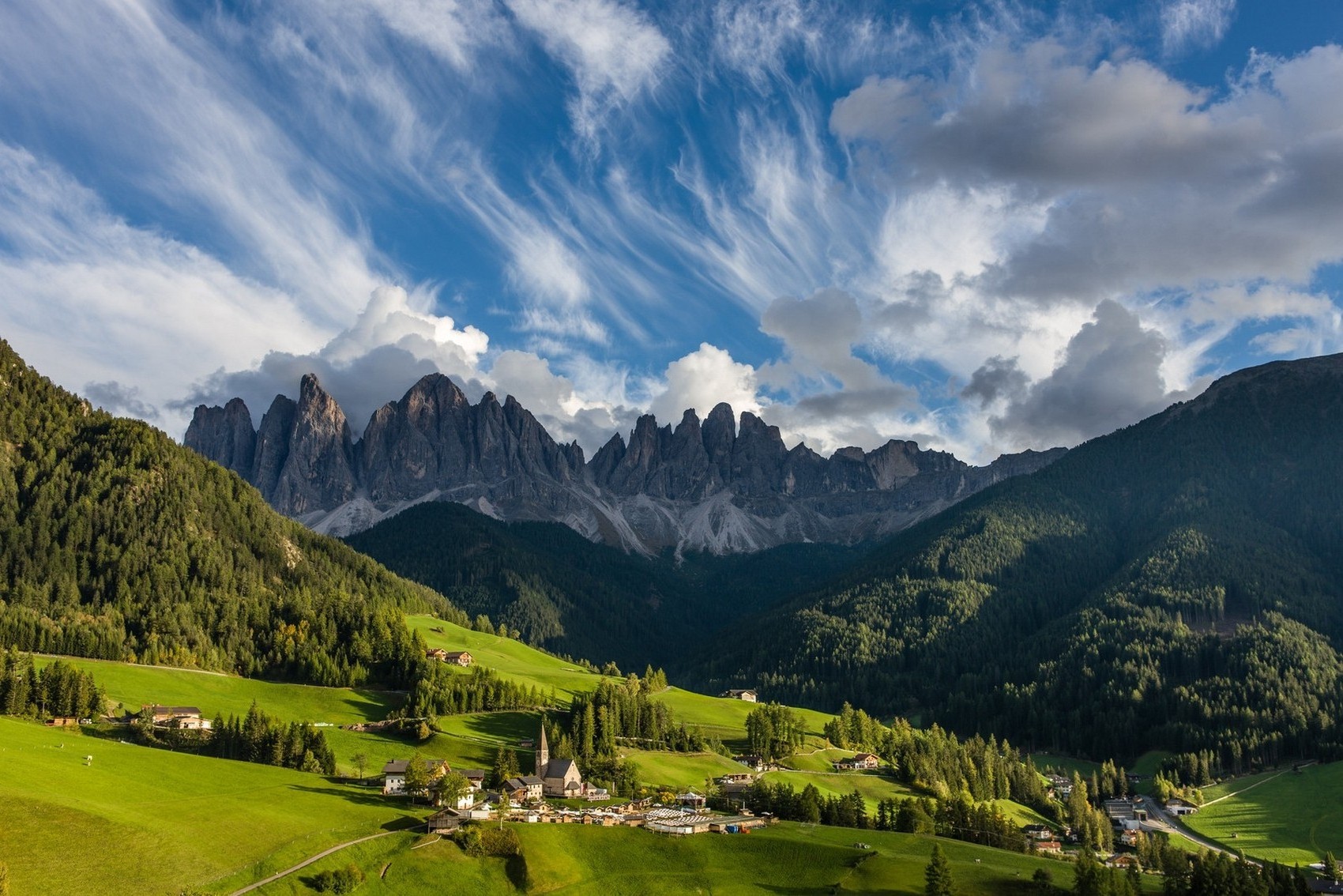 nature, Landscape, Mountain, Summer, Morning, Village, Church, Forest, Grass, Dolomites (mountains), Clouds, Sunlight, Alps, Italy Wallpaper