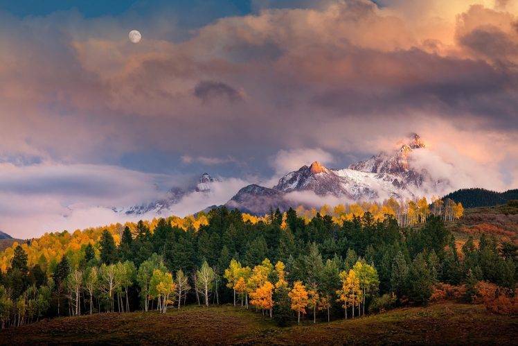 nature, Landscape, Mountain, Sunrise, Forest, Fall, Moon, Clouds, Trees, Sunlight, Snowy Peak, Colorado HD Wallpaper Desktop Background