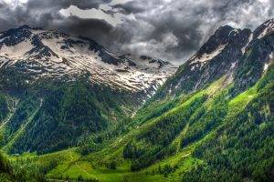 nature, Landscape, Forest, Snowy Peak, Clouds, Spring, Swiss Alps, Green