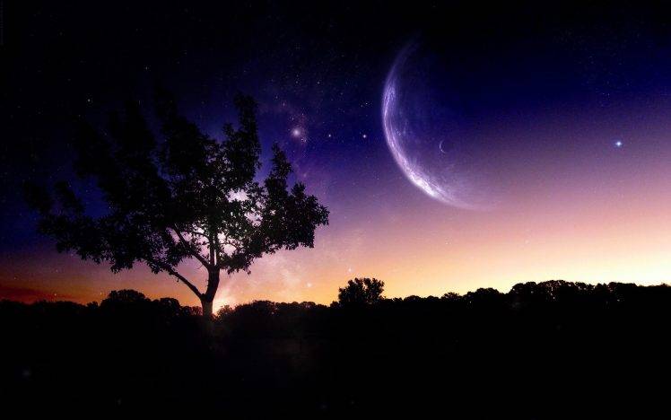 nature, Digital Art, Trees, Night, Sky, Planet, Photo Manipulation HD Wallpaper Desktop Background
