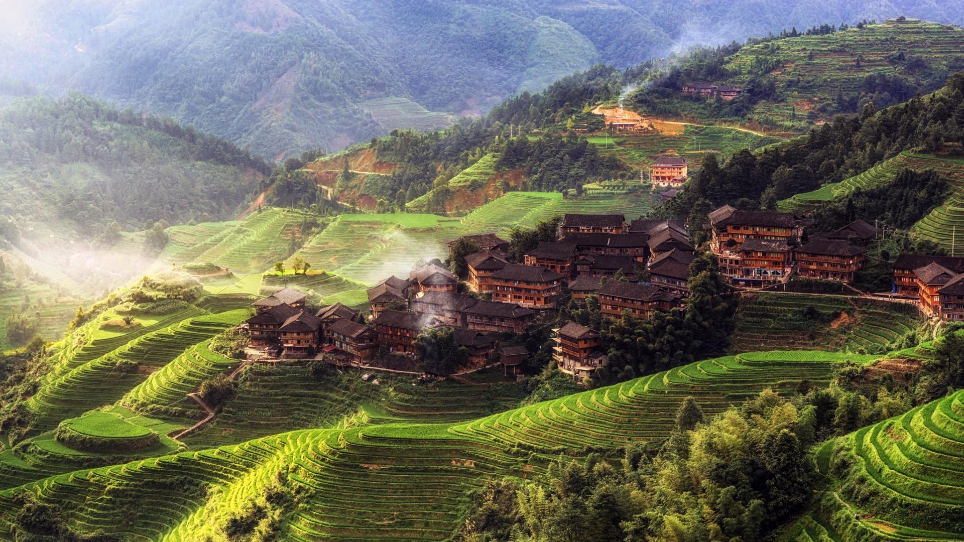 nature, Landscape, Trees, China, Asia, Rice Paddy, Morning, Mist, House, Hill, Forest, Terraced Field, Village Wallpaper