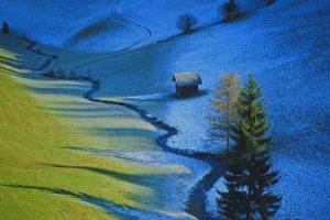 nature, Landscape, Trees, Tyrol, Austria, Valley, Pine Trees, Snow, Grass, Field, Winter, House, Dirt Road, Stream, Shadow