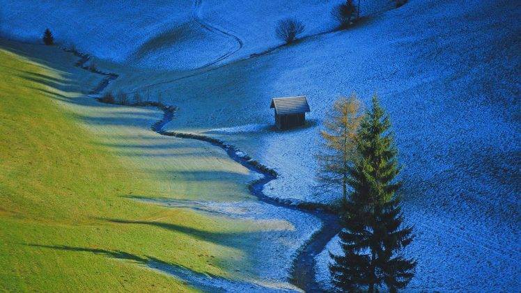 nature, Landscape, Trees, Tyrol, Austria, Valley, Pine Trees, Snow, Grass, Field, Winter, House, Dirt Road, Stream, Shadow HD Wallpaper Desktop Background