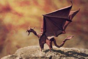 dragon, Origami, Artwork, Wings, Stone, Tail, Depth Of Field, Paper, Nature, Shadow, Miniatures