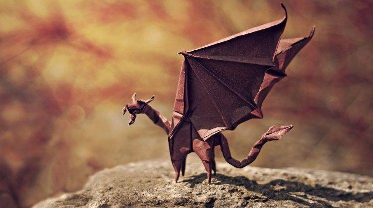dragon, Origami, Artwork, Wings, Stone, Tail, Depth Of Field, Paper, Nature, Shadow, Miniatures HD Wallpaper Desktop Background