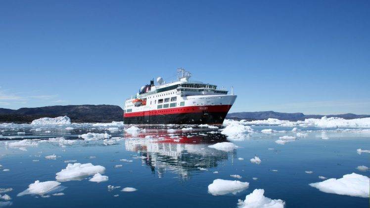 ship, Greenland, Sea, Ice, Iceberg, Glaciers, Nature, Hill, Clouds, Reflection, Sky HD Wallpaper Desktop Background