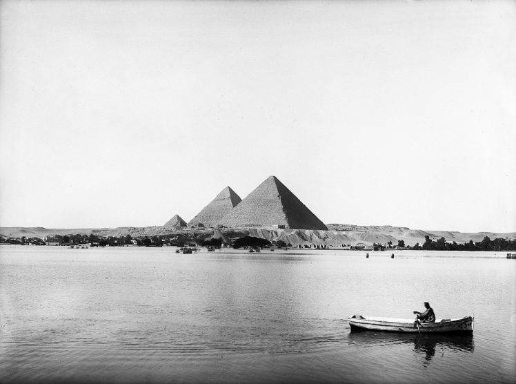 men, Nature, Landscape, Architecture, Egypt, Pyramids Of Giza, Water, Pyramid, Old Photos, Monochrome, Flood, Boat, Trees, Desert, Building, Hill, History, Nile, River HD Wallpaper Desktop Background