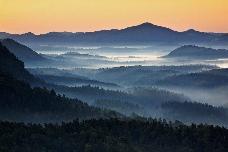 nature, Landscape, Mist, Mountain, Forest, Sunrise, Blue, Czech Republic HD Wallpaper Desktop Background
