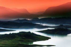 nature, Landscape, Lake, Sunrise, Mountain, Mist, Red, Sky, Blue, Water, Green, Field, Trees, Bosnia And Herzegovina
