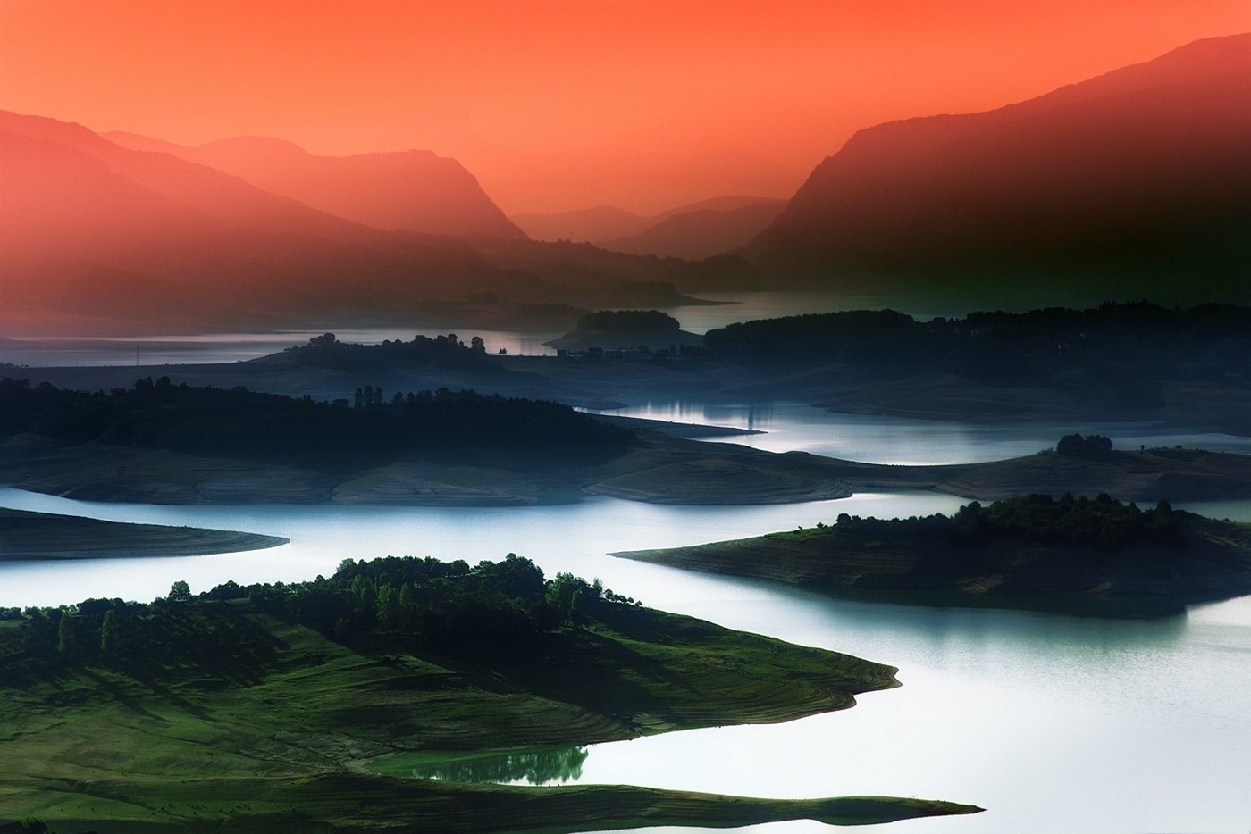 nature, Landscape, Lake, Sunrise, Mountain, Mist, Red, Sky, Blue, Water, Gr...