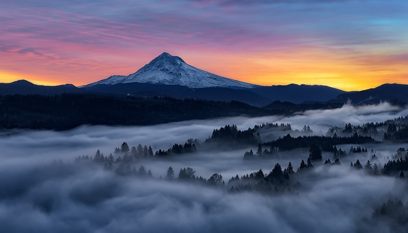 landscape, Nature, Mountain, Sunrise, Mist, Forest, Snowy Peak, Sky, Colorful, Oregon Wallpaper