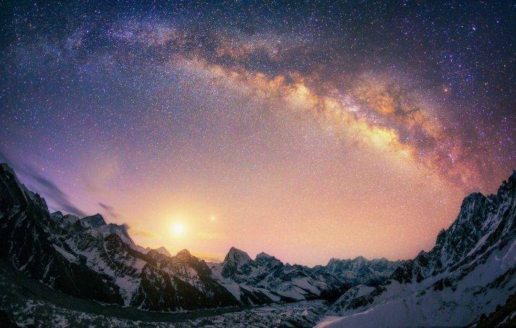 landscape, Nature, Milky Way, Galaxy, Mountain, Snow, Himalayas, Nepal, Long Exposure, Sunlight, Stars, Sunrise HD Wallpaper Desktop Background