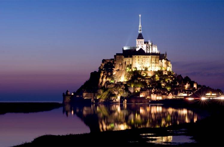 Mont Saint Michel, France, Sky, Church, Castle, House, Rock, Evening, Lights, Sea, Landscape, Nature, City, Sunset HD Wallpaper Desktop Background