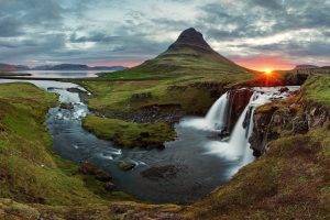 nature, Sunset, Iceland, Waterfall, Kirkjufell