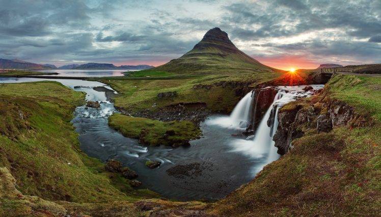 nature, Sunset, Iceland, Waterfall, Kirkjufell HD Wallpaper Desktop Background