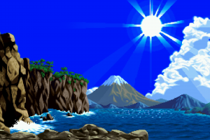 digital Art, Pixel Art, Pixelated, Pixels, Water, Nature, Mountain, Sea, Rock, Sun, Clouds, Trees, Waves, Sun Rays, Cliff, Hill