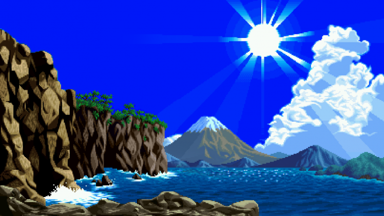 digital Art, Pixel Art, Pixelated, Pixels, Water, Nature, Mountain, Sea, Rock, Sun, Clouds, Trees, Waves, Sun Rays, Cliff, Hill HD Wallpaper Desktop Background