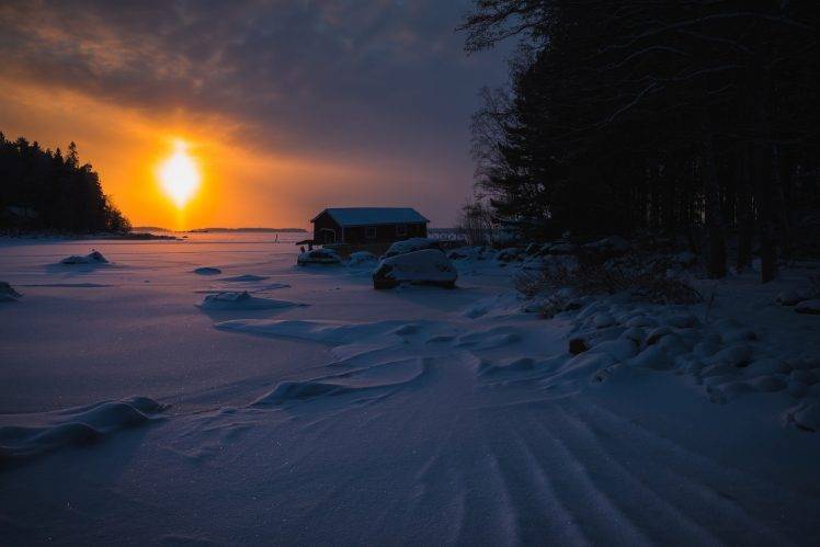 landscape, Hut, Sun, Winter, Seasons, Ice, Snow HD Wallpaper Desktop Background