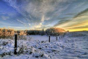 winter, Landscape, Snow, Clouds, Nature, Fence