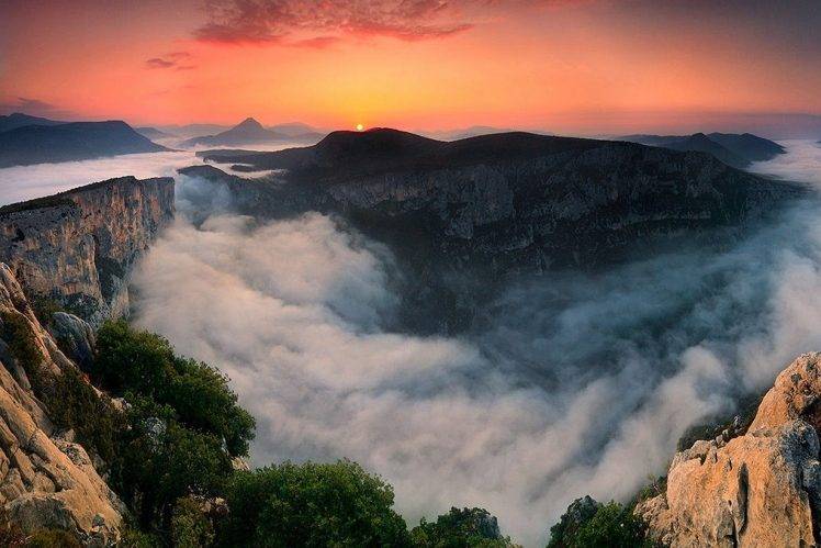 nature, Mist, Landscape, Canyon, Sunset, Cliff, Sky, Pink, Shrubs, Mountain, France HD Wallpaper Desktop Background