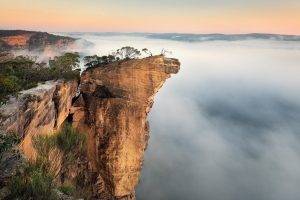 nature, Landscape, Sunrise, Rock, Cliff, Mist, Shrubs, Sunlight, Australia