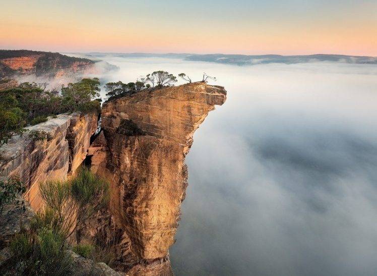 nature, Landscape, Sunrise, Rock, Cliff, Mist, Shrubs, Sunlight, Australia HD Wallpaper Desktop Background