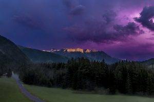 nature, Landscape, Sunrise, Mountain, Forest, Lightning, Clouds, Storm, Sunlight, Road, Austria
