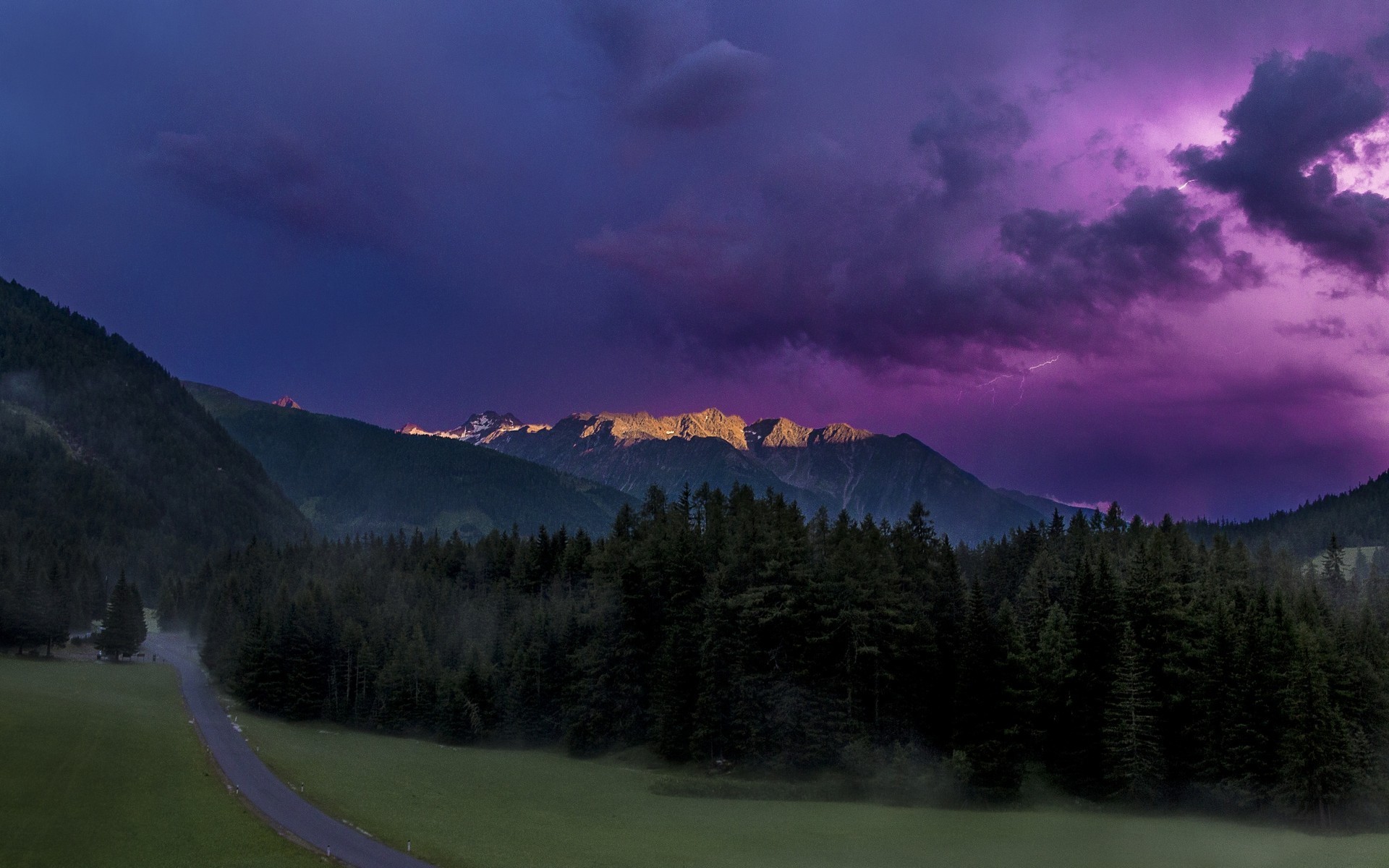 nature, Landscape, Sunrise, Mountain, Forest, Lightning, Clouds, Storm, Sunlight, Road, Austria Wallpaper