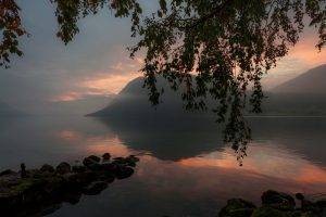 nature, Landscape, Lake, Mountain, Sunrise, Trees, Calm, Mist, Atmosphere, Reflection