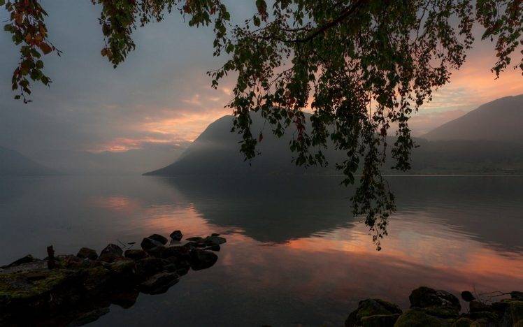 nature, Landscape, Lake, Mountain, Sunrise, Trees, Calm, Mist, Atmosphere, Reflection HD Wallpaper Desktop Background