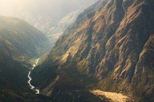 nature, Landscape, Mountain, River, Mist, Waterfall, Shrubs, Sunlight, Himalayas, Nepal