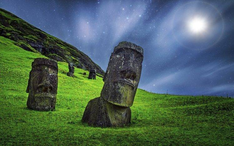 enigma, Nature, Landscape, Moai, Sculpture, Starry Night, Grass, Moonlight, Easter Island, Rapa Nui, Chile, Statue, Stone, Long Exposure HD Wallpaper Desktop Background
