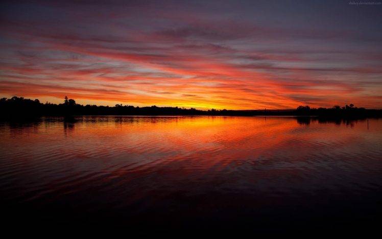 lake, Sunrise, Landscape, Sky, Clouds, Silhouette HD Wallpaper Desktop Background