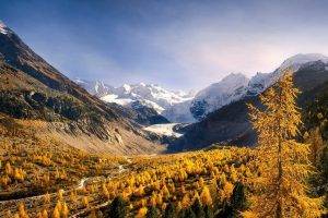 nature, Landscape, Mountain, Forest, Fall, Snowy Peak, Valley, Yellow, Trees, Sunlight, Morning