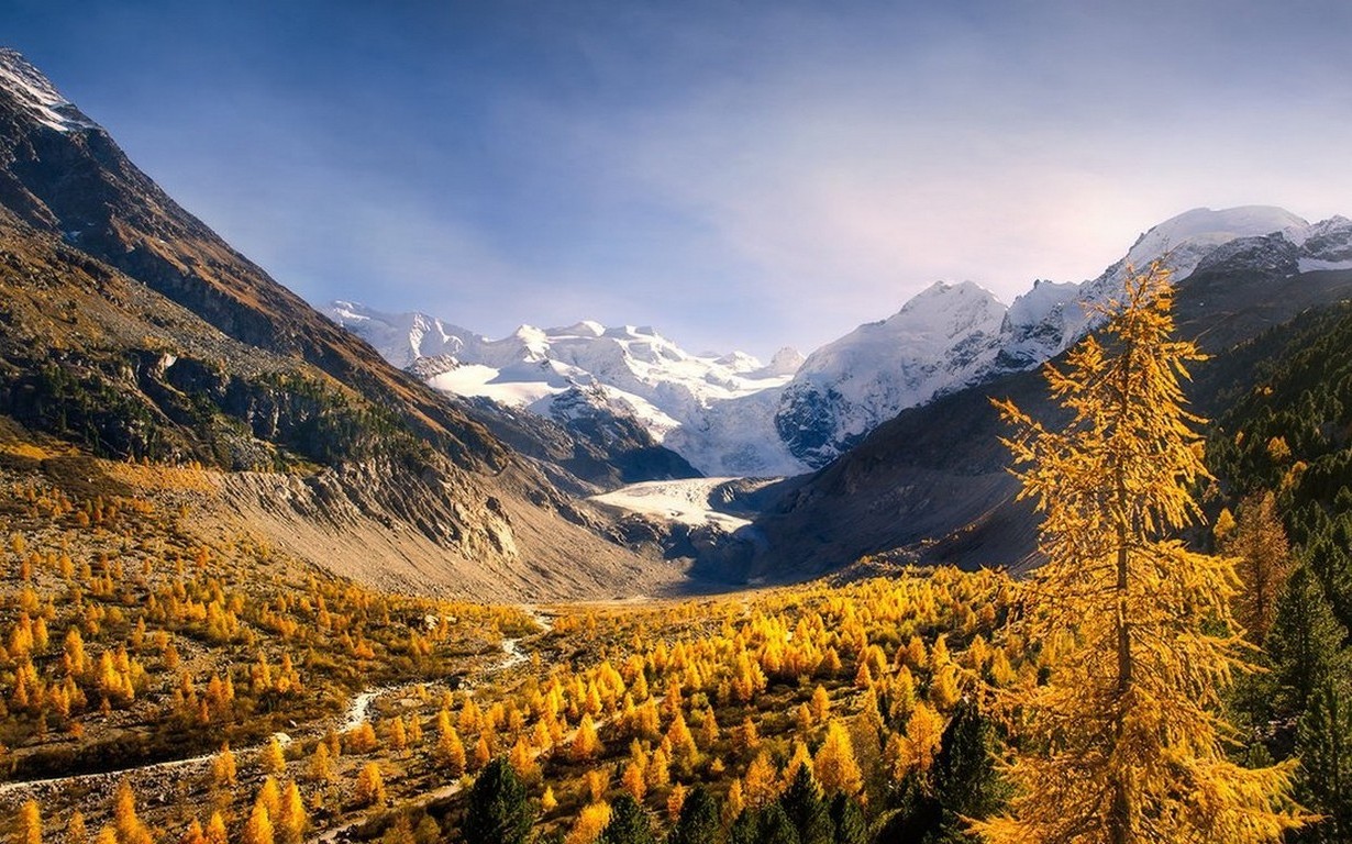 nature, Landscape, Mountain, Forest, Fall, Snowy Peak, Valley, Yellow, Trees, Sunlight, Morning Wallpaper