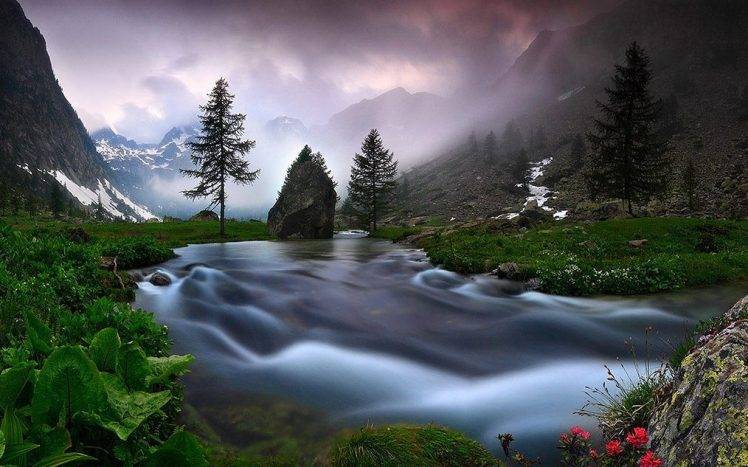 nature, Landscape, River, Mountain, Mist, Trees, Shrubs, Wildflowers, Alps, Long Exposure, Italy HD Wallpaper Desktop Background