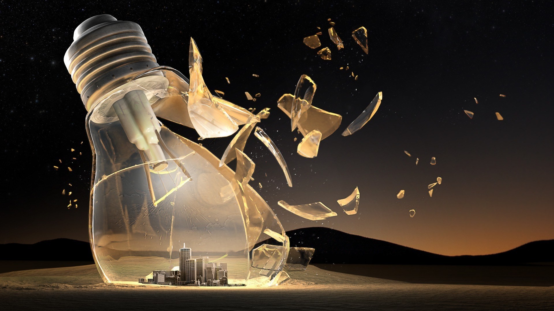 digital Art, Lightbulb, Light Bulb, Broken Glass, Nature, Hill, Night, Sand, Desert, Building, City, Stars, Shadow, 3D Wallpaper